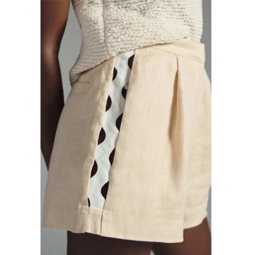 Anthropologie Mon Renn Coast Linen Shorts S Pleated Tan Open Side Ric Rac